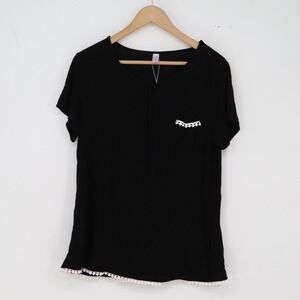 Cheibear Pajama Set Womens M Black Pom Pom Trim Short Sleeve Crop Pant NEW